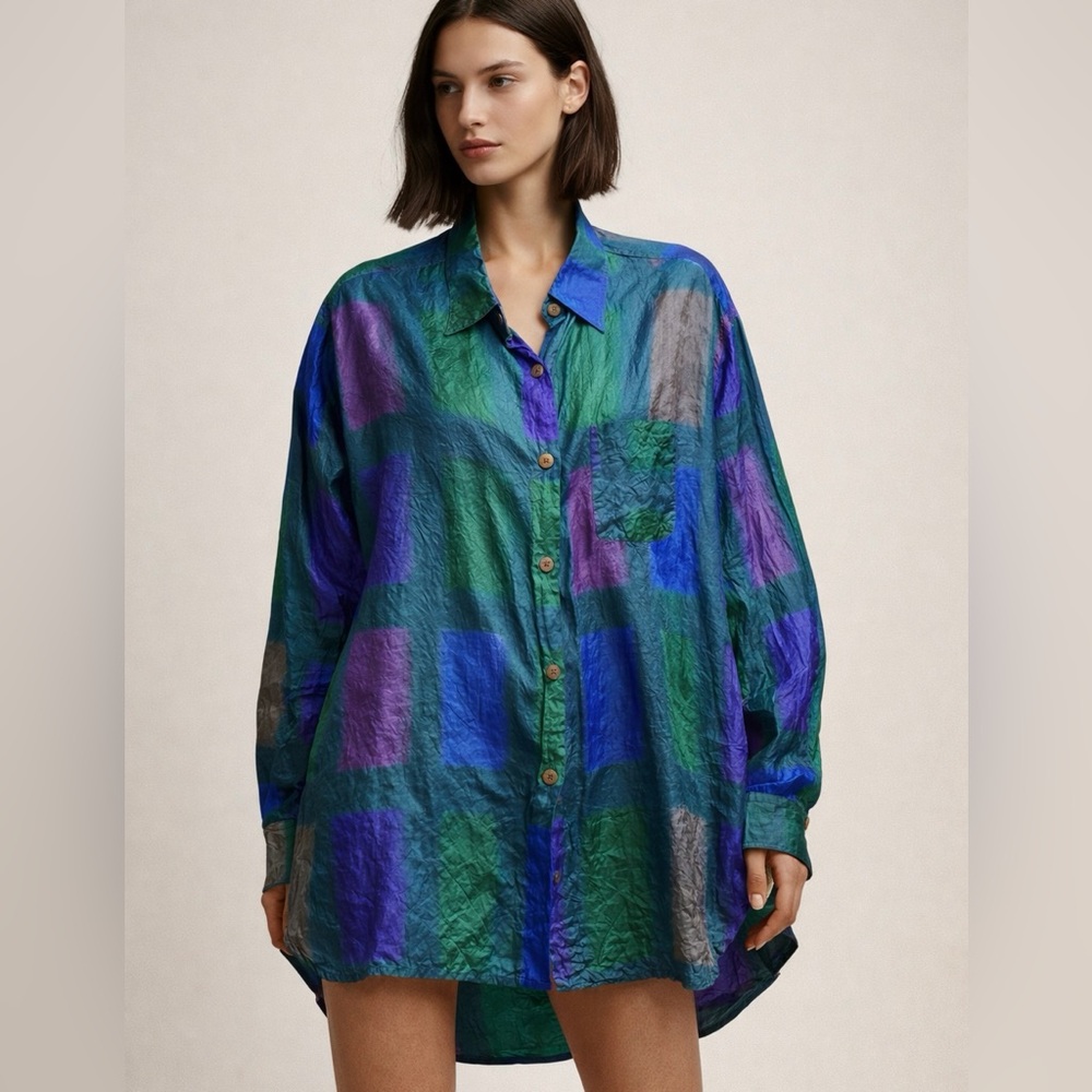 Vintage 90s Romeo Gigli 100% Silk Shirt Green Purple Button-Up Blouse Italy Sz S